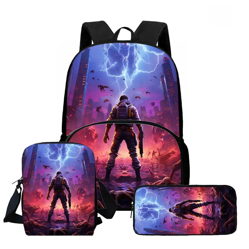 Conjunto de Mochila Fortnite Cartoon de 3 Peças Unissexo para Rapazes e Raparigas, Mochila com Bolso Frontal, Mala a Tiracolo e Estojo, Presente Ideal