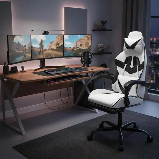 Gaming Chair with Footrest, Reclining Gaming Chair, Adjustable Height 360° Swivel Gaming Chair in White & Black PU Leather for Office & Gaming
