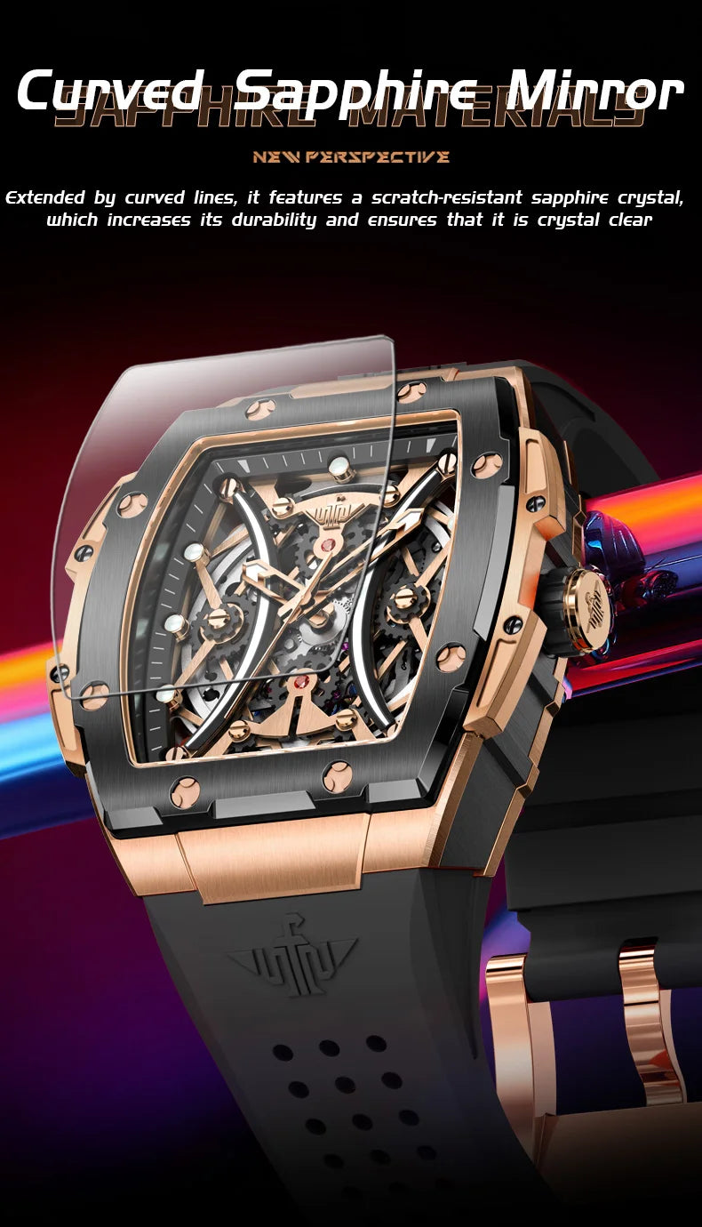 OUPINKE Herrenuhr – klassische Luxus-Armbanduhr mit Tonneau-Zifferblatt, Original-Topmarke, automatische mechanische Uhr, Silikonarmband, Saphirglas, neu