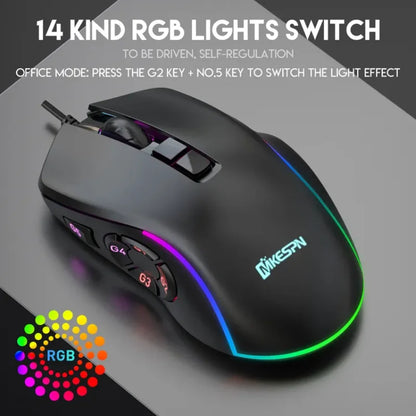 Mouse cablato da gaming e ufficio 7200 DPI con retroilluminazione RGB, 6 livelli DPI regolabili, 10 pulsanti programmabili e pulsante per tornare al desktop