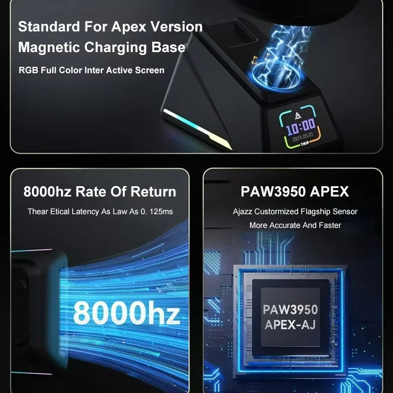 Ασύρματο Gaming Ποντίκι Ajazz AJ179 APEX με Βάση Έγχρωμης Οθόνης, Bluetooth, PAW3395, Μπαταρία 400mAh, Ρυθμός Ανανέωσης 8000Hz