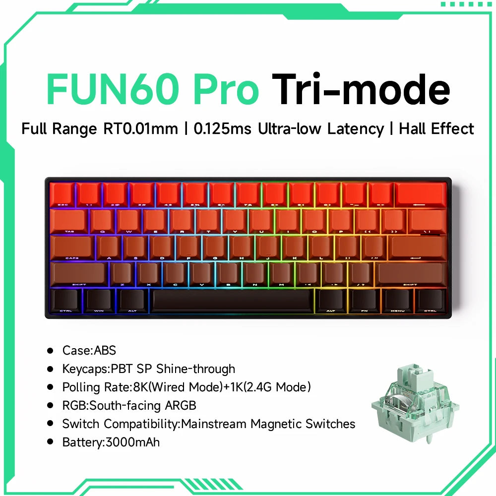 Teclado mecânico Akko MonsGeek FUN60 com interruptores magnéticos 60% Gaming Keyboards Rapid Trigger 0.01mm 8K ARGB HE/TMR personalizado