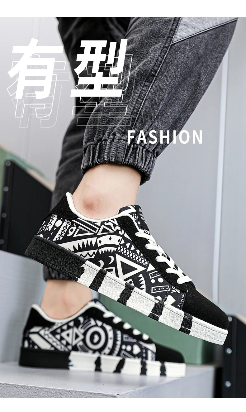 YRZL Scarpe sportive da running da uomo in tela con stile geometrico, sneakers stringate, scarpe da skate da uomo alla moda per coppie con stampa graffiti