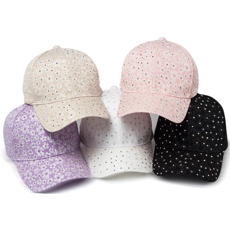 CNTANG Sommer-baseballkasket til kvinder med rhinestones og blomsterbroderi, snapback-kasket til kvinder, designer-solhat, hiphop-kasketter i Y2K-stil