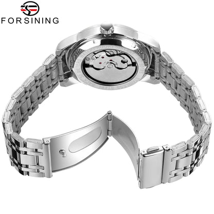 Montre mécanique automatique pour homme Forsining – Style luxe, business et mode, bracelet en métal, tourbillon, aiguilles luminescentes, ornée de diamants artificiels