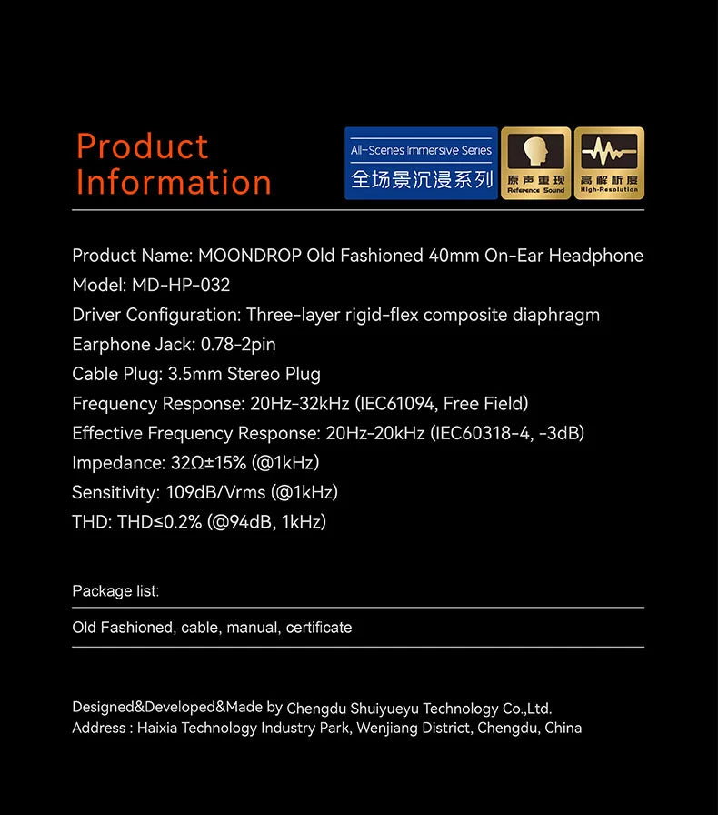MOONDROP OLD FASHIONED On-Ear Headphone 40mm large dynamic driver 0.78-2pin 3.5mm Plug