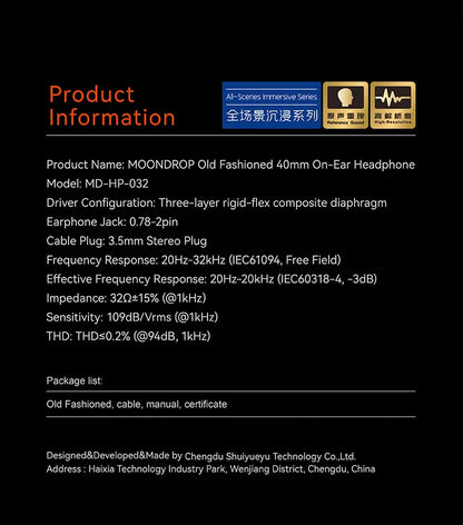 MOONDROP OLD FASHIONED On-Ear Headphone 40mm large dynamic driver 0.78-2pin 3.5mm Plug