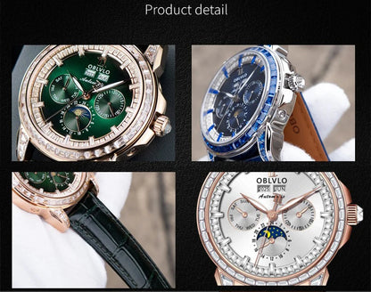OBLVLO Men's Automatic Watch 40mm Mechanical Wristwatch 5ATM Luminous Crystal Bezel Year, Month, Week, Date, 24 Hours TY1655 Movement