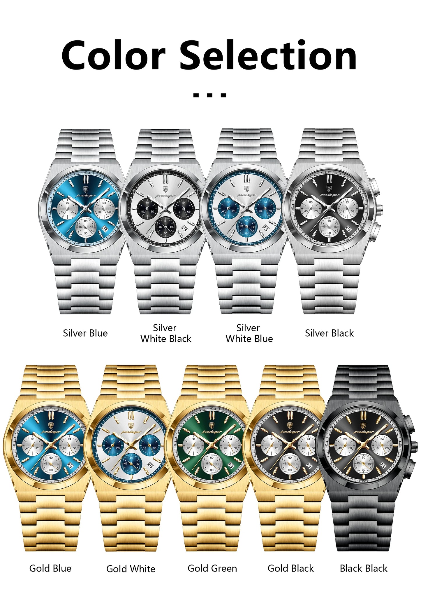 POEDAGAR Luxury Men's Watch Chronograph Date Stainless Steel Casual Man Clock Waterproof Luminous Fashion Quartz Watches For Men