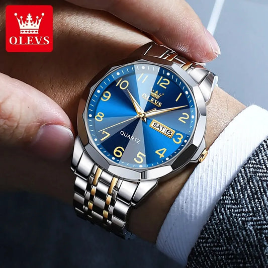 Relógio de homem OLEVS 9970 – Modelo elegante com mostrador digital, indicação da data e do dia, resistente à água, luminescente, de quartzo – Relógio de luxo original