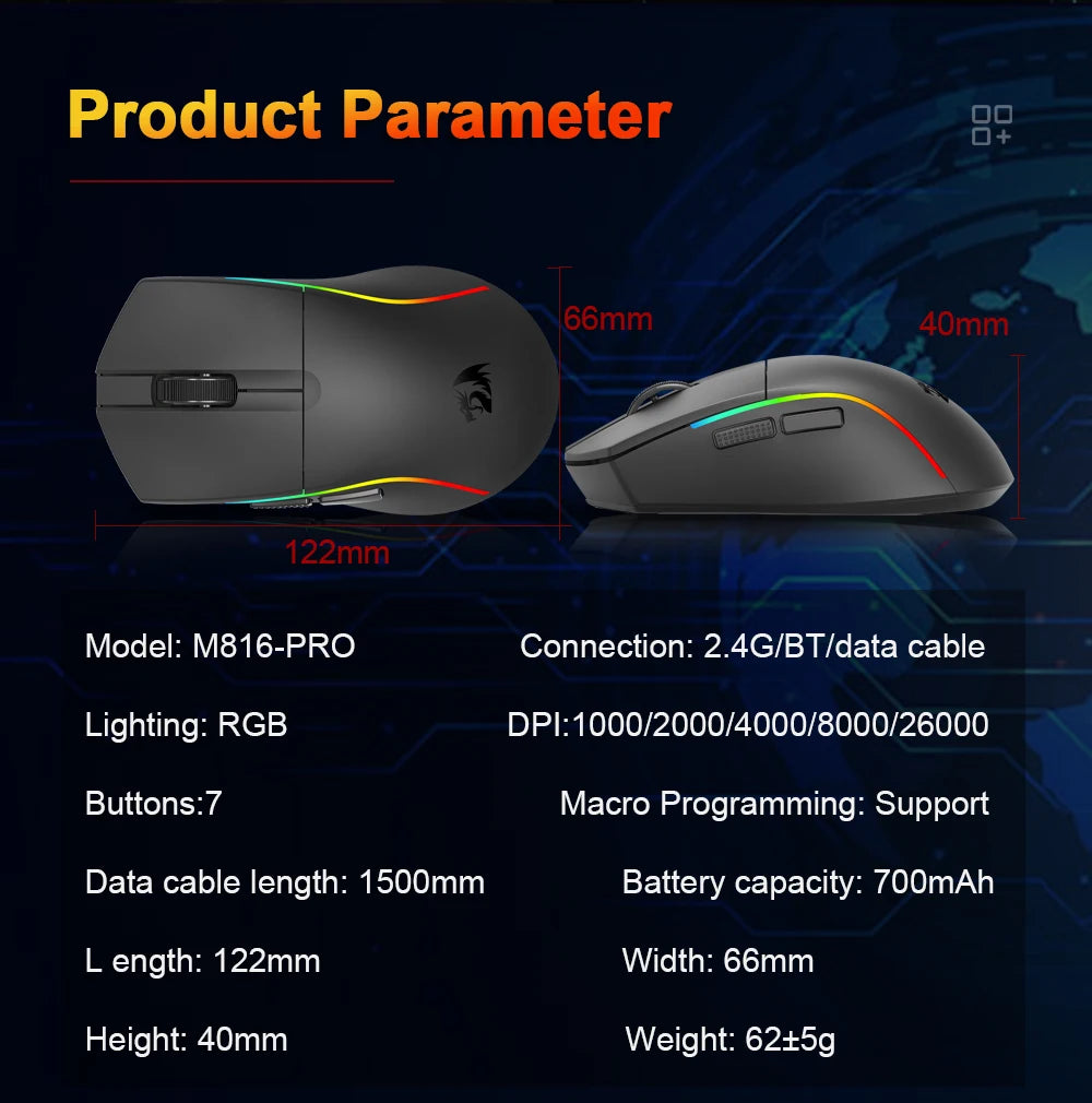REDRAGON DEICIDE M816 PRO RGB USB mit Bluetooth-Unterstützung, 2.4G kabellose Gaming-Maus, 26000 DPI, 6 Tasten für Gamer, kabelgebundene Computermaus