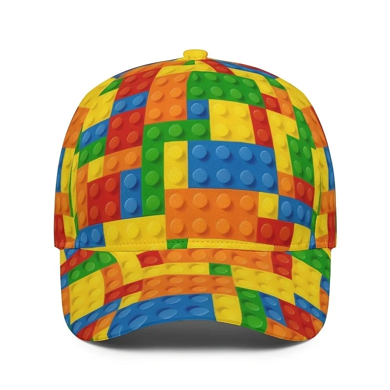 Farverig baseballkasket med byggeklods-print til børn – unisex solhat med UV-beskyttelse – afslappet udendørs hat til legetøjsentusiaster og modebevidste fædre