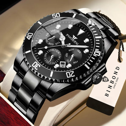 BINBOND luxury quartz watch for men: accurate, with automatic date display, luminous, water-resistant, ideal for sport, business and leisure. Sturdy and durable.