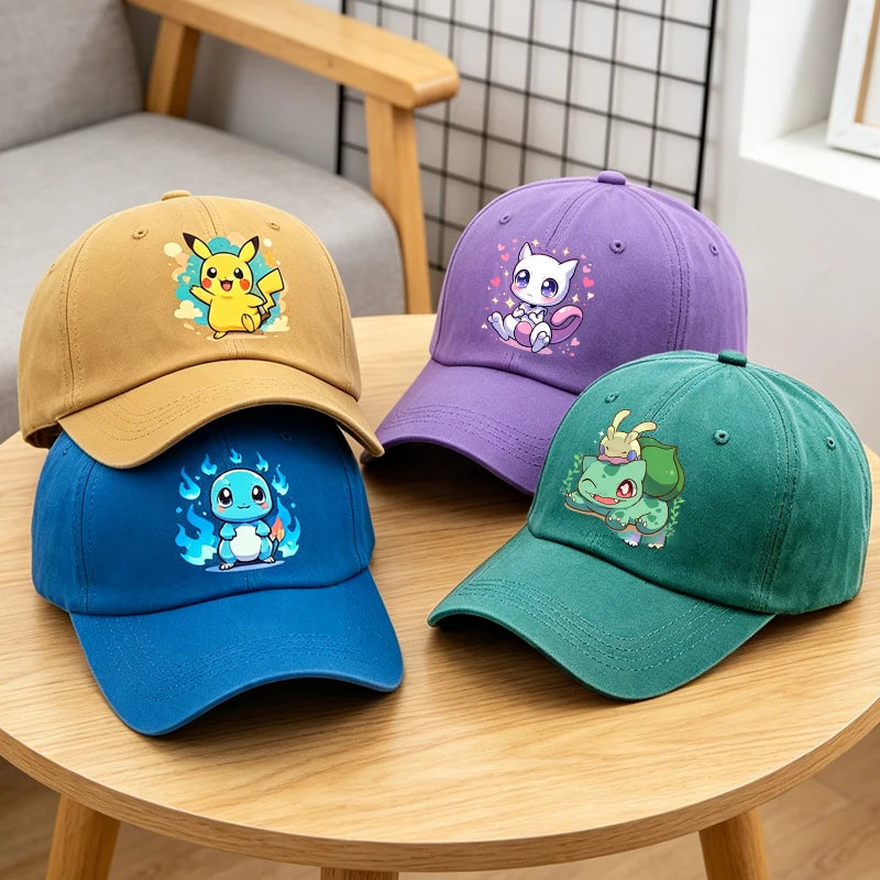 Kawaii Pokémon-baseballkasket til voksne, vasket, Pikachu, Mewtwo, Bulbasaur, kasket med skygge, sød tegneseriefigur, til mænd og kvinder, rejse, solskærm, strandhat