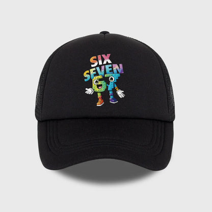 Six Seven Cartoon Number Print Sponge Mesh Cap – Unisex Colorful Building Block Mesh Baseball Cap – Adjustable, Breathable Sun H