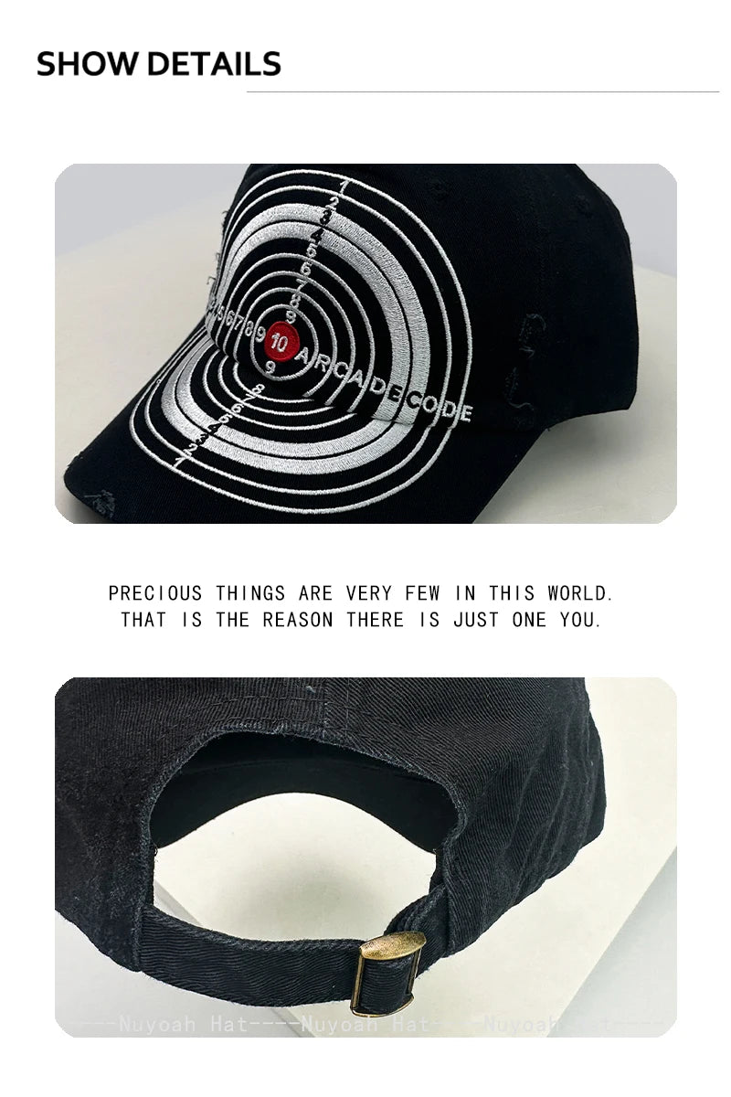 Unisex-baseballkasketter i brudt stil med broderet bull's-eye-kors, solskærm, personlige og alsidige kasketter med skygge, street fashion, hiphop