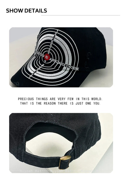 Unisex-baseballkasketter i brudt stil med broderet bull's-eye-kors, solskærm, personlige og alsidige kasketter med skygge, street fashion, hiphop