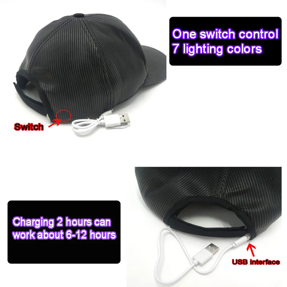 Șapcă cu LED-uri din fibră optică, cu 7 culori luminoase, șapcă de baseball EDC strălucitoare, încărcare USB, șapcă luminoasă, șapcă LED de performanță