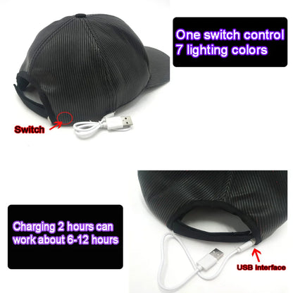 Șapcă cu LED-uri din fibră optică, cu 7 culori luminoase, șapcă de baseball EDC strălucitoare, încărcare USB, șapcă luminoasă, șapcă LED de performanță