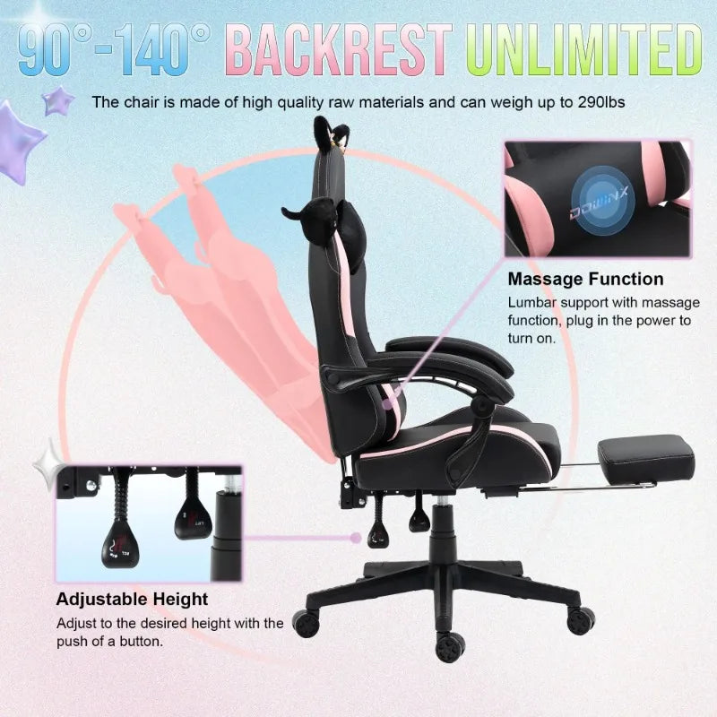 Cadeira Gaming Kawaii Cor-de-Rosa com Orelhas de Gato, Apoio para os Pés, Encosto Alto Ergonómico e Apoio Lombar com Pata de Gato