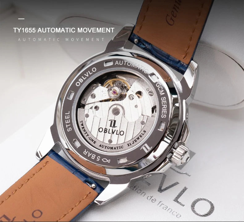 OBLVLO Men's Automatic Watch 40mm Mechanical Wristwatch 5ATM Luminous Crystal Bezel Year, Month, Week, Date, 24 Hours TY1655 Movement