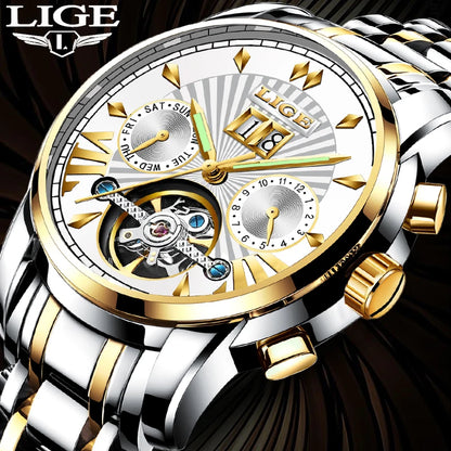 LIGE men’s automatic mechanical wristwatches – High-end luxury watch with a tourbillon, an elegant and water-resistant model, ideal for work or formal occasions.