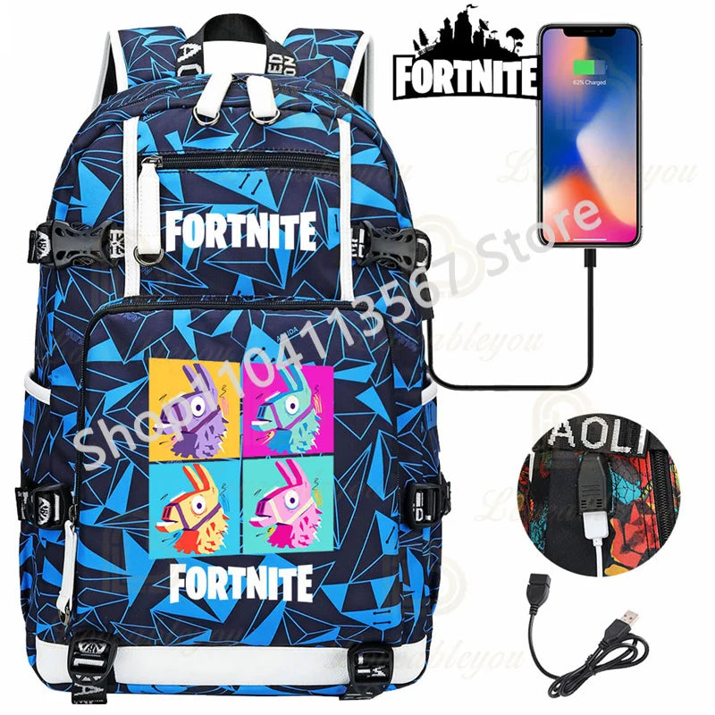 Red Jade F-Fortnited Battle Royale Backpack with USB Charging Anime Figures Study Stationery Compartment for Students Mochila