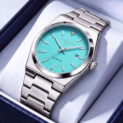 Reloj de cuarzo para hombre CHRONOS: correa de acero inoxidable, resistente al agua, agujas luminiscentes, indicador de fecha. Ideal para el trabajo, el deporte o el día a día.