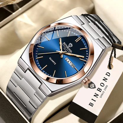 BINBOND luxury quartz wristwatch, luminous, water-resistant, day of the week, automatic date, steel bracelet, business, sport, fashion and casual styles.