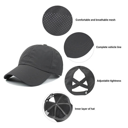 Casquette de baseball d'été, tenue de golf, casquette de sport et de loisirs à bande croisée pour queue de cheval, casquette à visière en forme de bec de canard en maille à séchage rapide