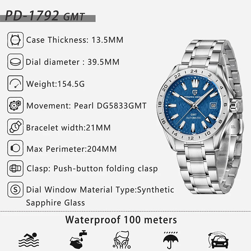 PAGANI DESIGN New GMT Men's Mechanical Watches 100M Waterproof Clock Sapphire Glass Automatic Men Watch PD-1792 Relogio Masculino