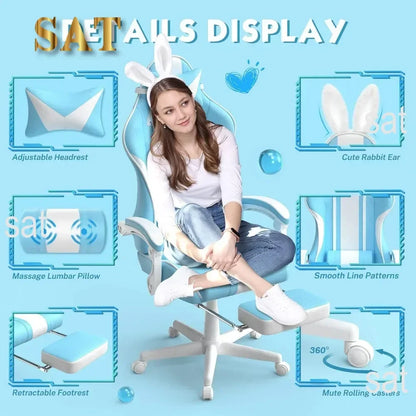 For Kawaii Light Blue Gaming Chair with Bunny Ears, Ergonomic Cute Gamer Chair with Footrest and Massage, Racing Reclining