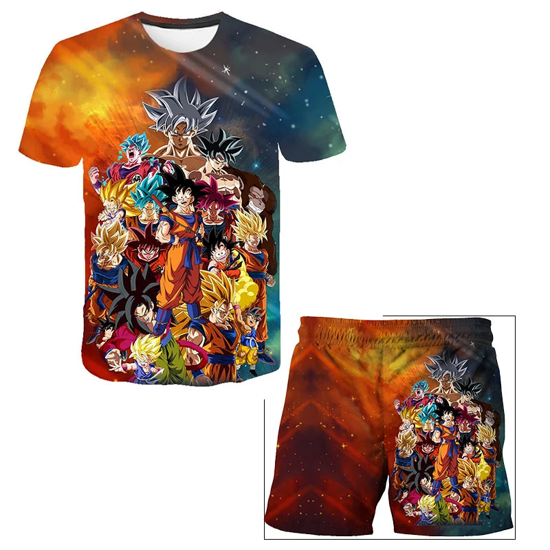 Japanese cartoon Dragon Ball Z T-shirt children's top T-shirt shorts two-piece set for summer boys T-shirt+shorts beach pants