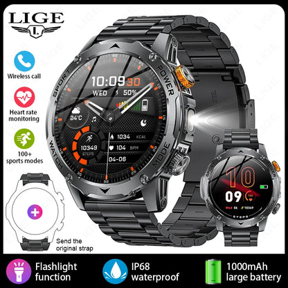 LIGE New Smart Watch Men 1000mAh Large Capacity Battery Outdoor Flashlight Bluetooth Call Waterproof Sport Fitness Smartwatch