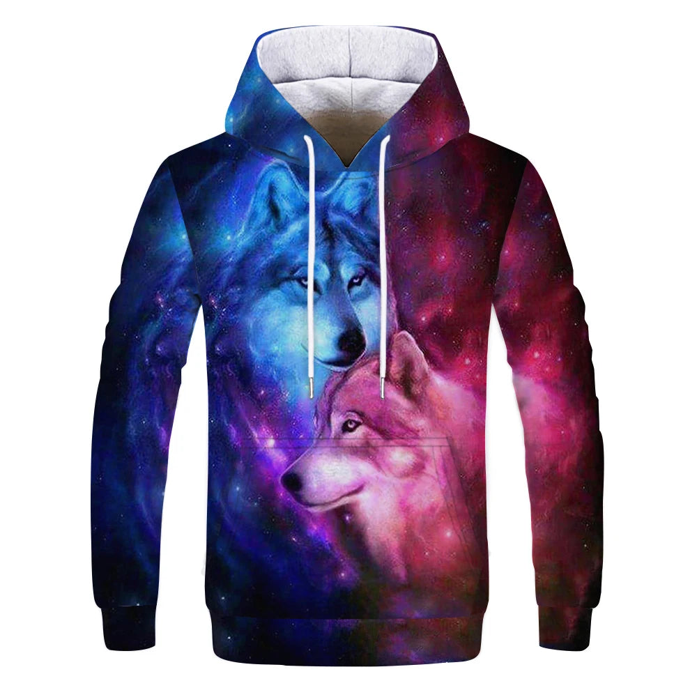 Neuer modischer Hoodie mit 3D-Tierprint für Herren und Damen, personalisiertes Design, Sweatshirt mit Schnee- und Doppelwolf-Motiv, Harajuku Oversized Hoodie
