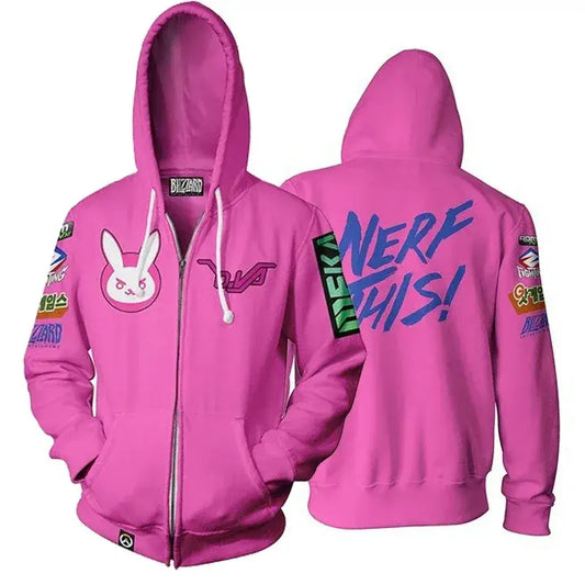 Anime gaming hoodie majica s kapuljačom, 3D print Overwatches DVA DJ, cosplay kostim za žene, muškarce i parove, jakna s kapuljačom, gornji odjevni predmet