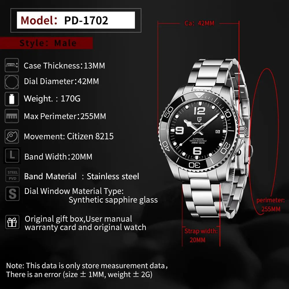 PAGANI DESIGN Men's Luxury Mechanical Watch Japan MIYOTA 8215 Automatic Movt Wristwatch 200m Waterproof Reloj Hombre PD-1702