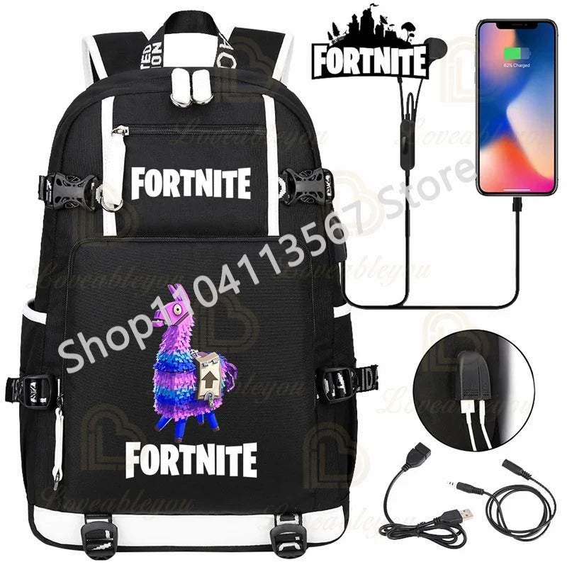 Red Jade F-Fortnited Battle Royale Backpack with USB Charging Anime Figures Study Stationery Compartment for Students Mochila