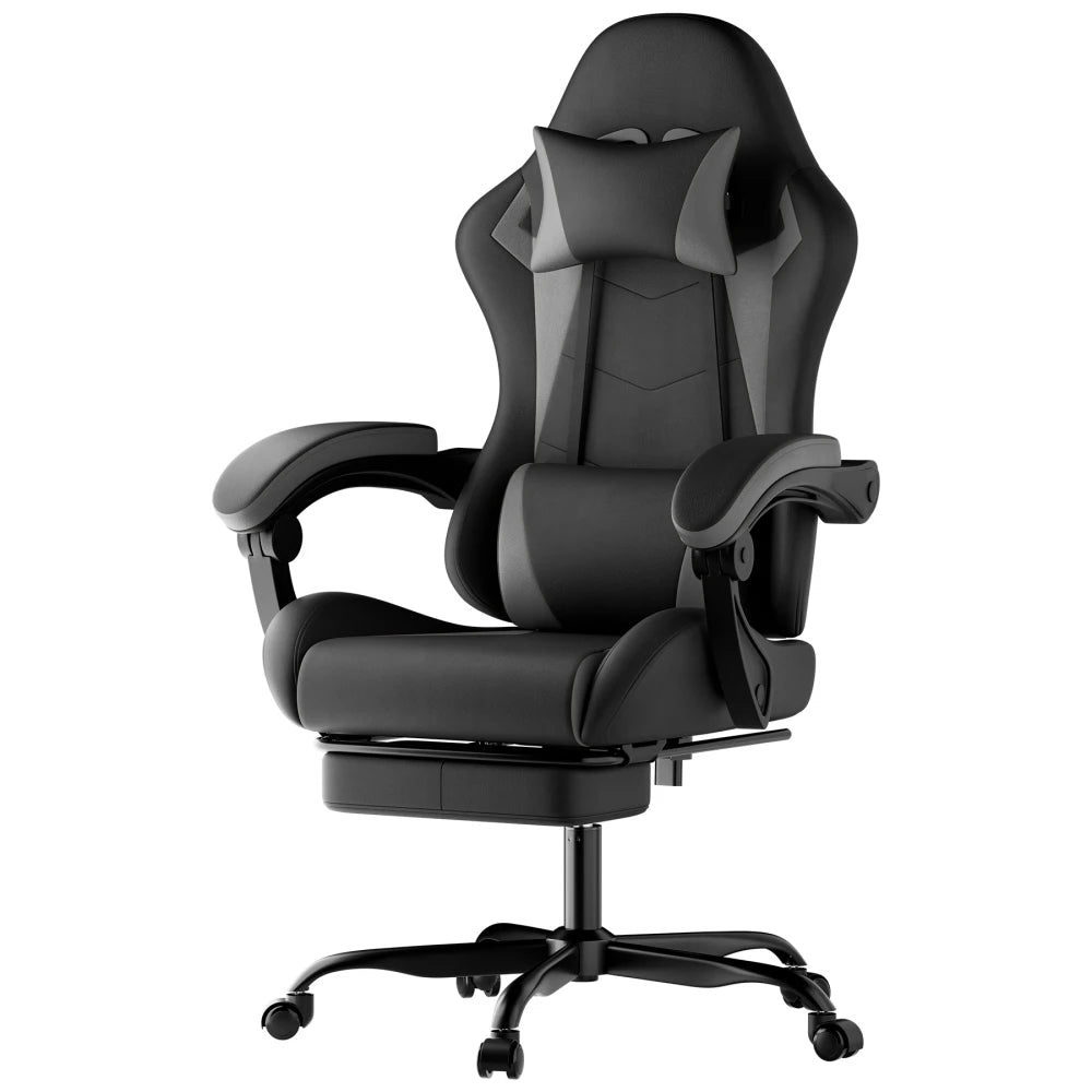 Gaming Chair Ergonomic Gaming Chair with Lumbar Pillow and Headrest, Gamer Chair Height Adjustable, PC Chair for Adults Girls Boys, Black Grey
