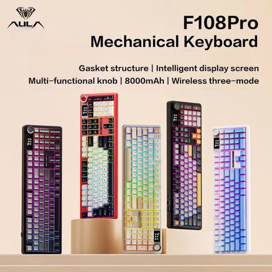 AULA F108 Pro Triple-mode Bluetooth 2.4G Wired Mechanical Keyboard Fully Customizable Hot-Swappable Keys Gasket Structure RGB