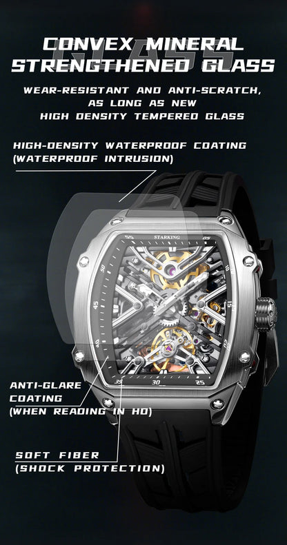 STARKING Men's Waterproof Sports Mechanical Watches Wear-resistant Silicone Strap Automatic Watch Luminous Tonneau Luxury Watch