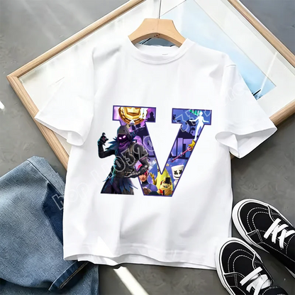 Μπλουζάκι Fortnite με στάμπα αλφαβήτου A-Z για παιδιά, καλοκαιρινό, λευκό, δημοφιλές cartoon game, casual κοντομάνικο τοπ μόδας, ιδανικό για δώρο