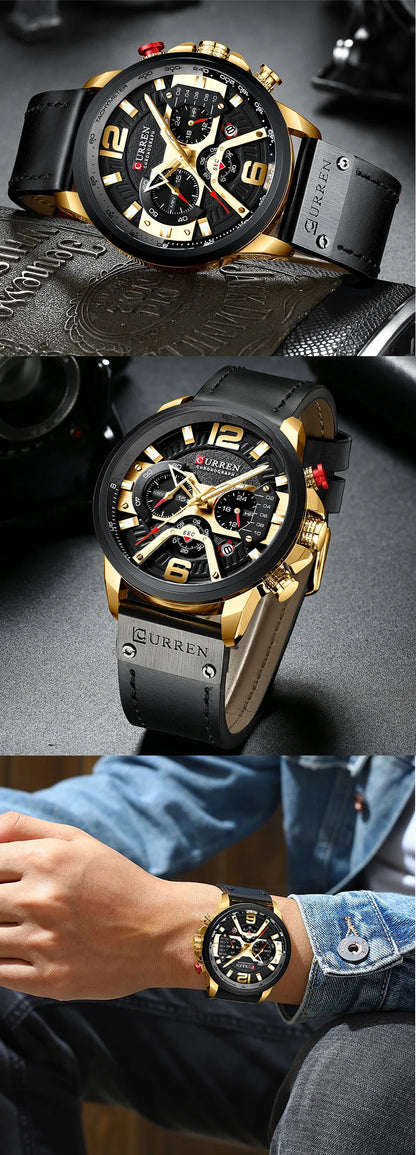 Ceas pentru bărbați CURREN 8329 – Stil sportiv casual, design militar, curea din piele, cronograf la modă, ceas de lux de la o marcă renumită