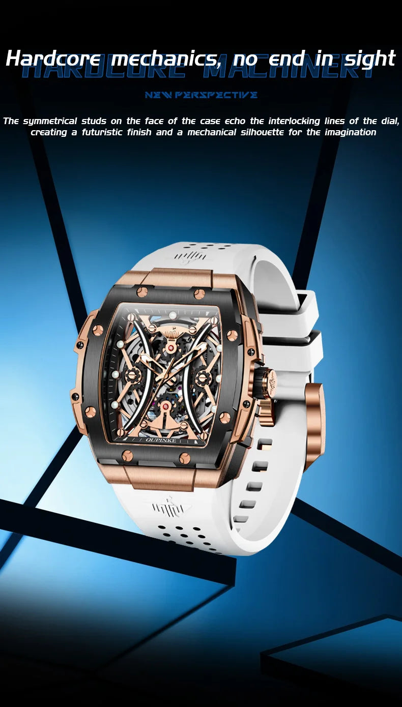 OUPINKE Herrenuhr – klassische Luxus-Armbanduhr mit Tonneau-Zifferblatt, Original-Topmarke, automatische mechanische Uhr, Silikonarmband, Saphirglas, neu
