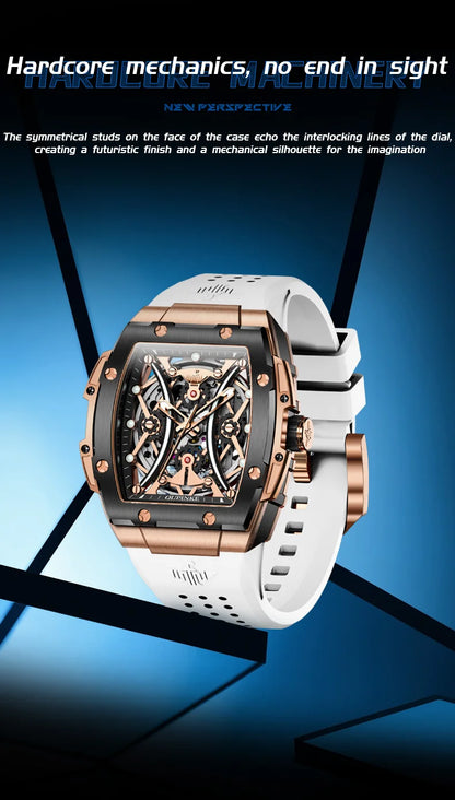 OUPINKE Herrenuhr – klassische Luxus-Armbanduhr mit Tonneau-Zifferblatt, Original-Topmarke, automatische mechanische Uhr, Silikonarmband, Saphirglas, neu