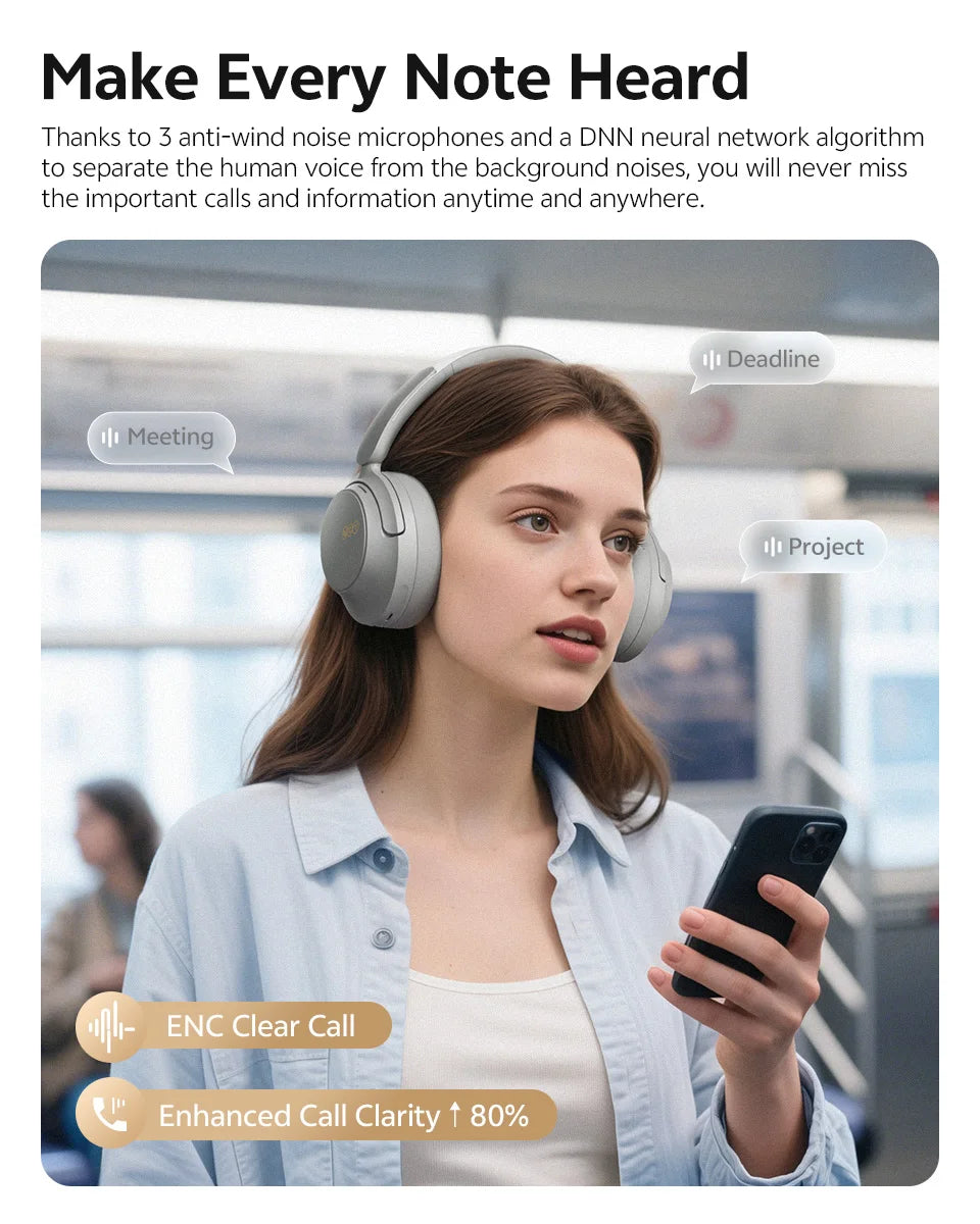 Casque sans fil Bluetooth 6.0 QCY BH25H3SA avec audio spatial 3D, réduction de bruit active adaptative -56 dB, haut-parleur de 53 mm, casque pliable supra-auriculaire
