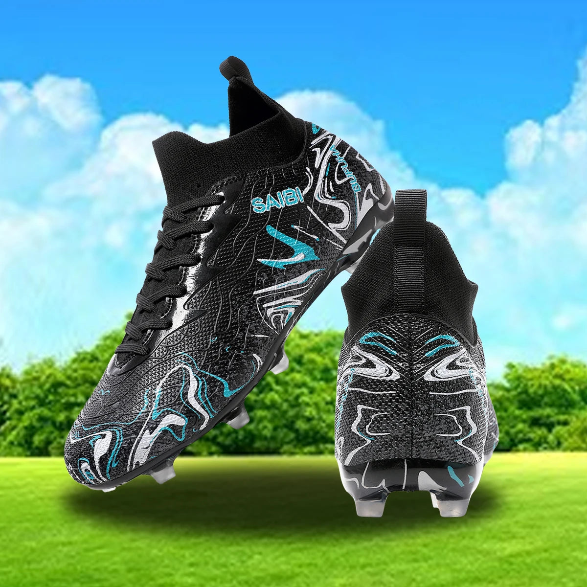 Chaussures de football, sneakers, chaussures de soccer, au-dessus de la cheville mais pas jusqu'au genou, semelle antidérapante à crampons.
