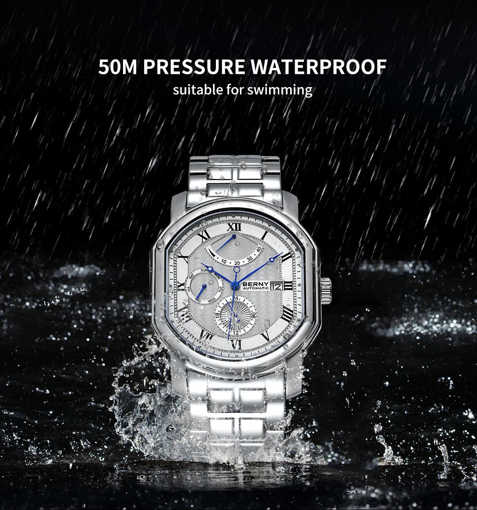 BERNY Men's Mechanical Watch, Top Accuracy, Automatic Wristwatch, Luxury Male Clock, Sapphire, Self-Winding, Waterproof