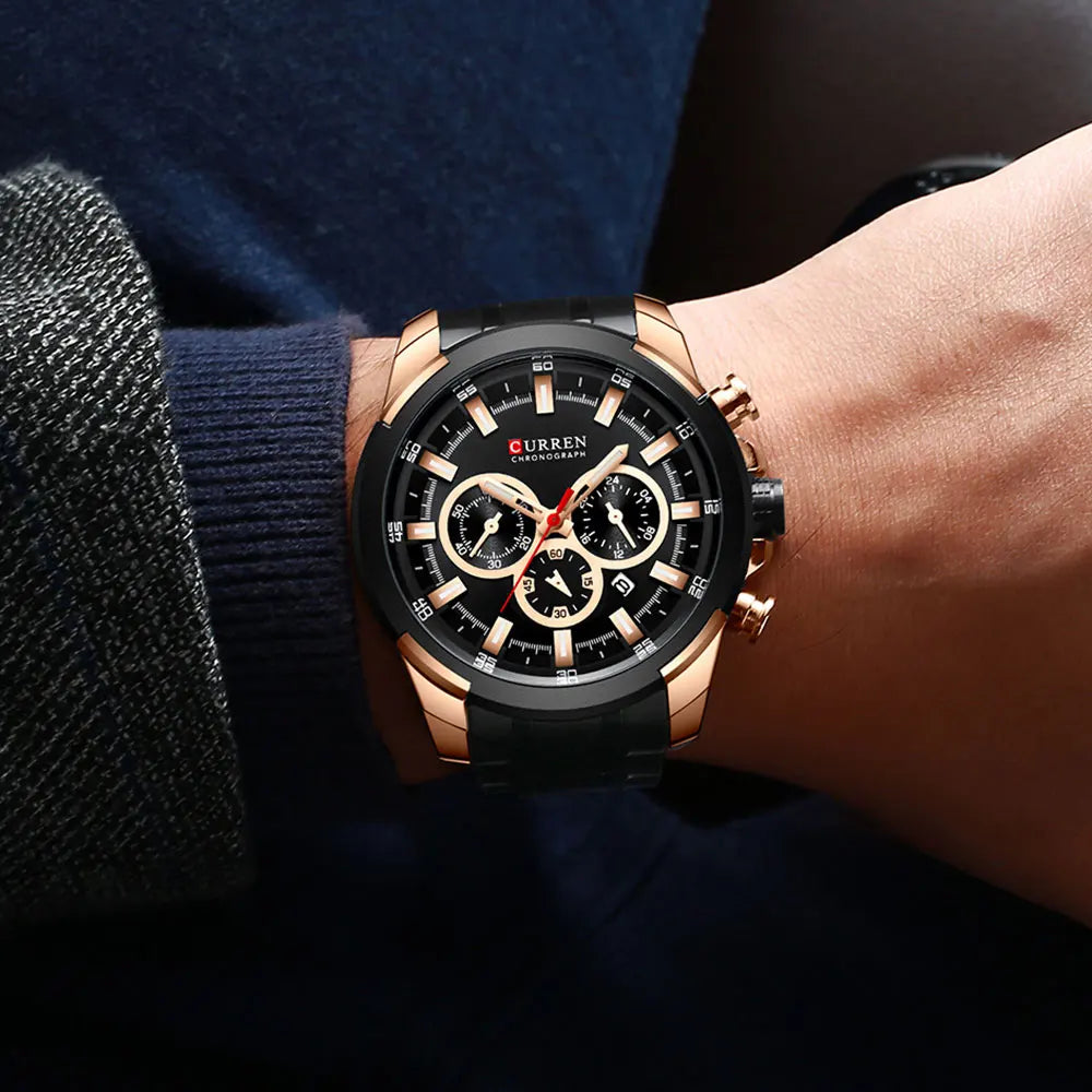 Montre chronographe pour homme CURREN, grand cadran de 48 mm, bracelet en acier inoxydable, trois sous-cadrans, montre-bracelet de sport à quartz, style luxueux