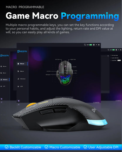 Ratón gaming inalámbrico Bluetooth, ratón RGB con cable/inalámbrico de 12800 DPI con 7 botones programables, para PC portátil y gaming